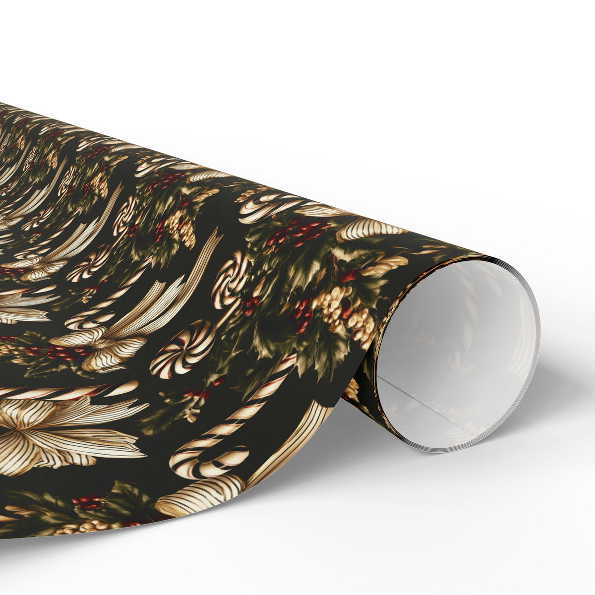 Vintage Christmas Bow and Candy Cane Wrapping Paper Roll, Cream Gold Ribbon Gift Wrap, Dark Green Holly Berry Holiday Paper, Elegant Victorian Christmas Wrap
