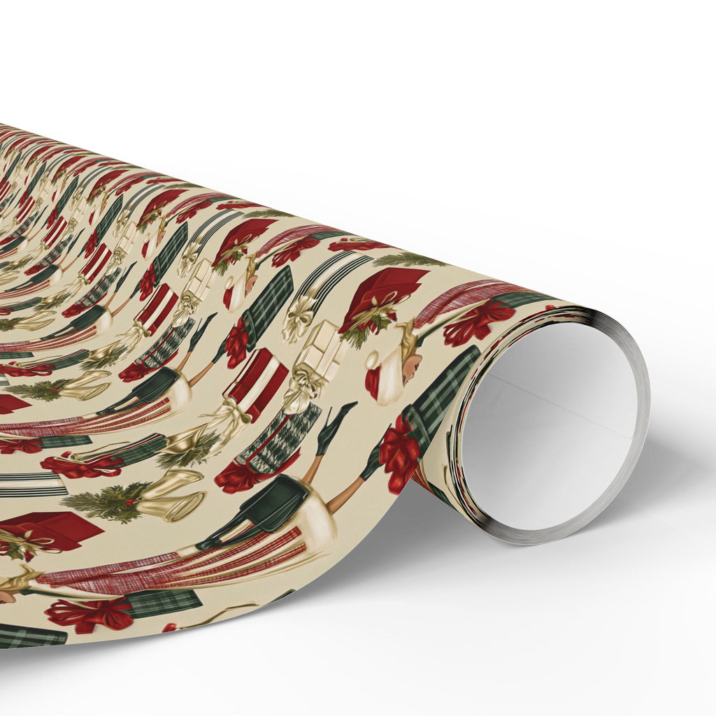 Retro Holiday Shopper Christmas Wrapping Paper, Vintage Fashion Gift Wrap Roll, Red Green Gold Bells Holiday Paper
