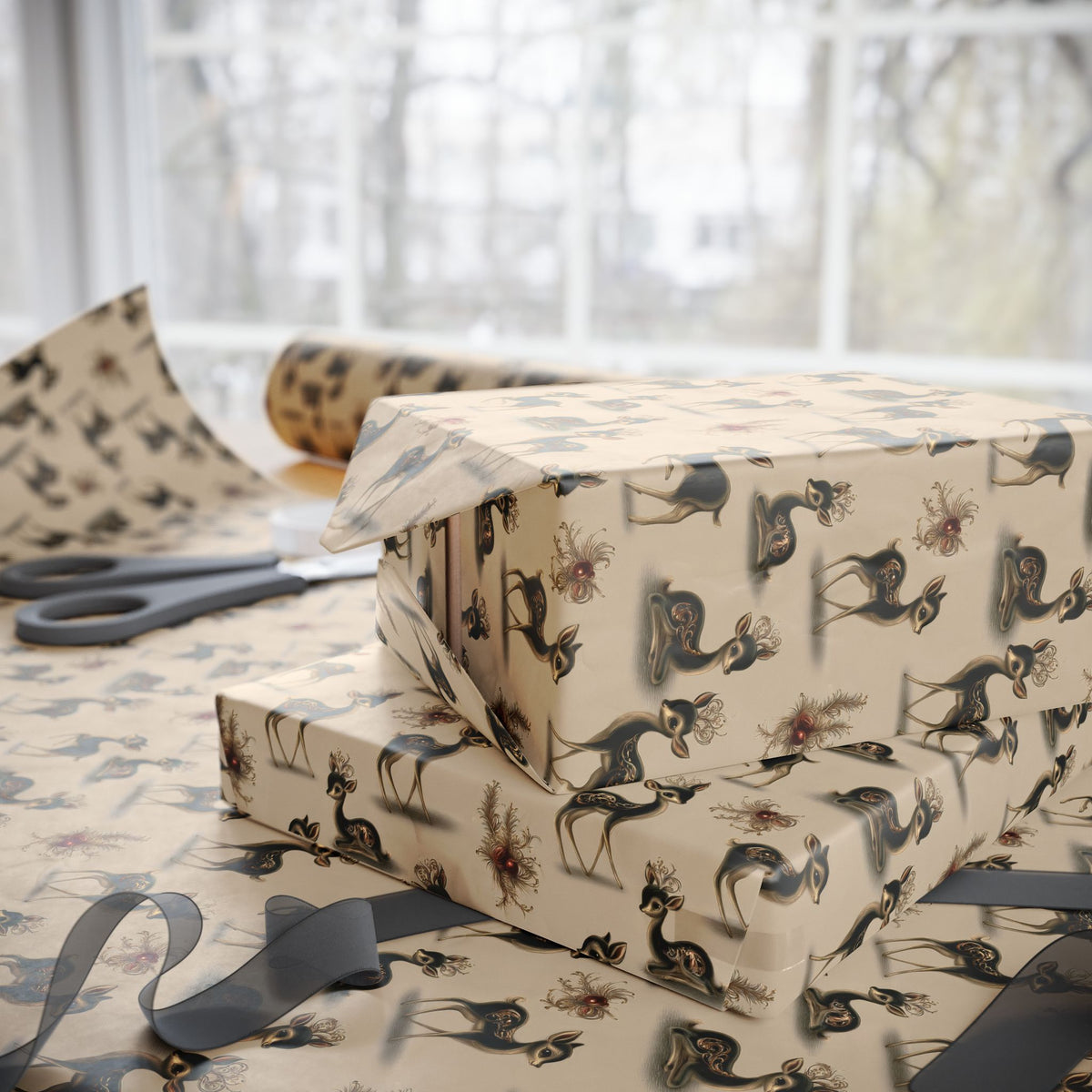 Retro Kitsch Fawn Christmas Wrapping Paper, Vintage Deer Gift Wrap Roll, Cream and Charcoal Holiday Paper, Matte