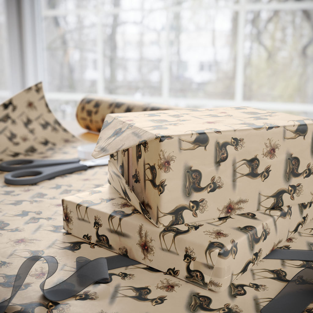 Retro Kitsch Fawn Christmas Wrapping Paper, Vintage Deer Gift Wrap Roll, Cream and Charcoal Holiday Paper, Matte