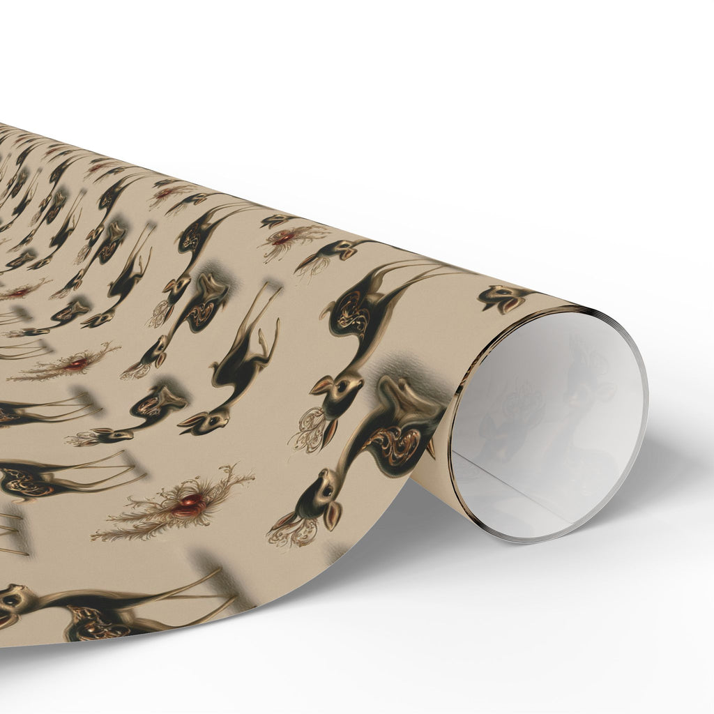 Retro Kitsch Fawn Christmas Wrapping Paper, Vintage Deer Gift Wrap Roll, Cream and Charcoal Holiday Paper, Matte