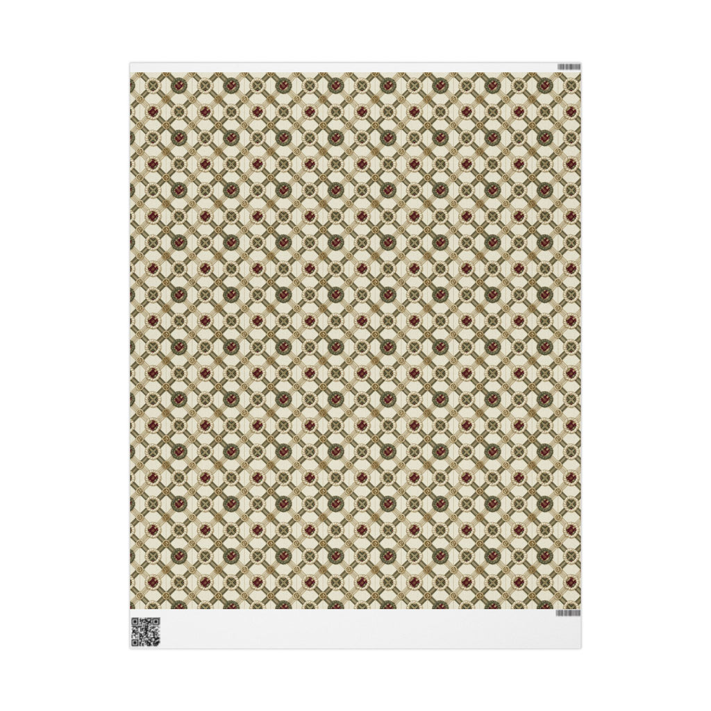 Rope Lattice Christmas Wrapping Paper, Vintage Cream Green Trellis Gift Wrap Roll, Wreath Medallion Tartan Holiday Wrap, Matte Paper, Free Shipping