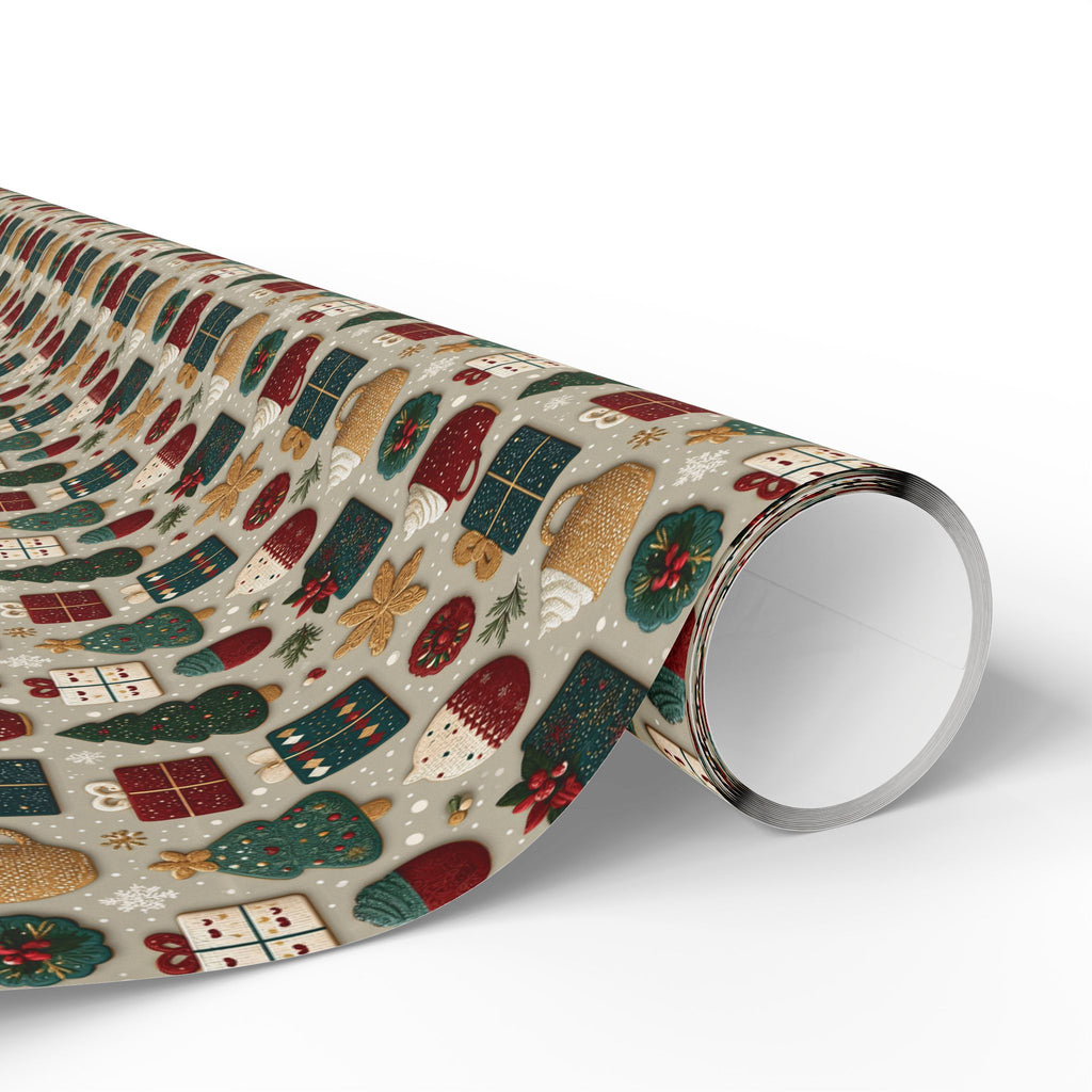 Embroidered Look Christmas Wrapping Paper, Folk Art Cookie Cocoa Gift Wrap Roll, Vintage Red Green Tan Holiday Wrap, Matte Paper, Free Shipping