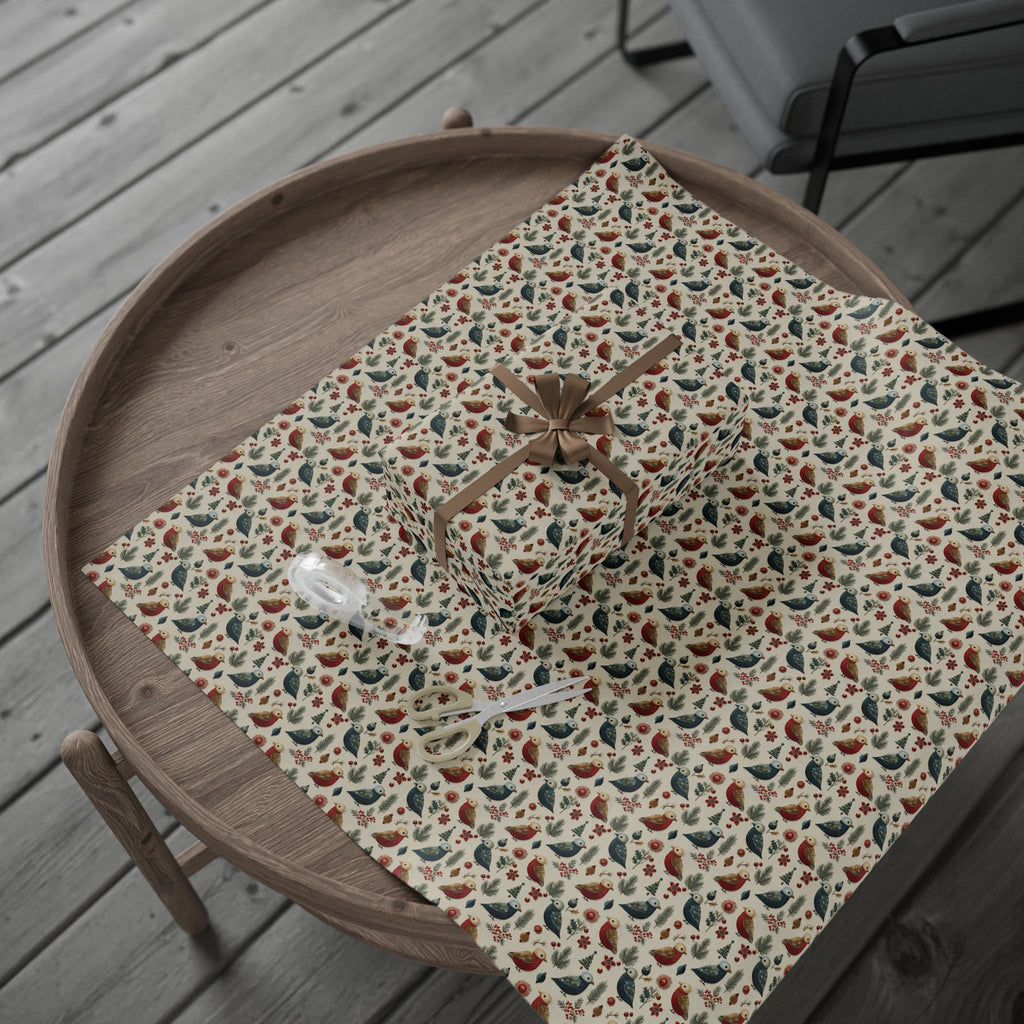 Folk Art Christmas Bird Wrapping Paper, Scandinavian Robin Gift Wrap Roll, Red Blue Cream Holiday Paper, Matte