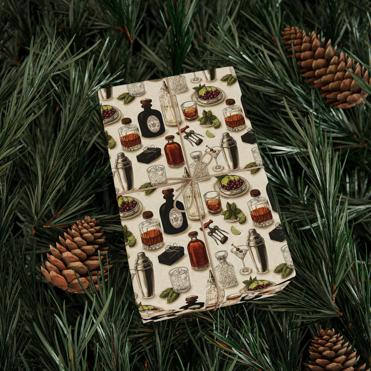 Vintage Cocktail Bar Wrapping Paper, Whiskey Shaker Gift Wrap Roll, Cream Amber Bar Cart Paper for Him
