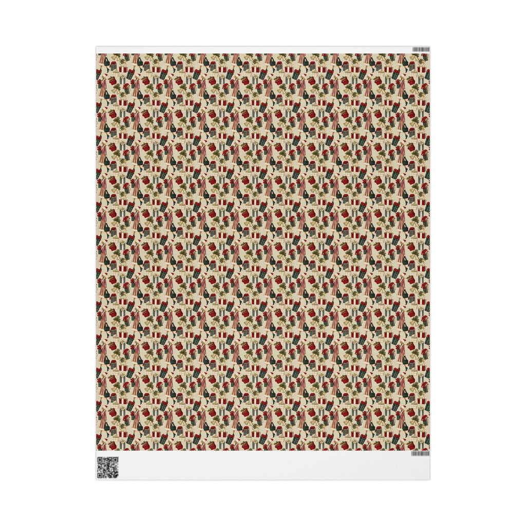 Retro Holiday Shopper Christmas Wrapping Paper, Vintage Fashion Gift Wrap Roll, Red Green Gold Bells Holiday Paper