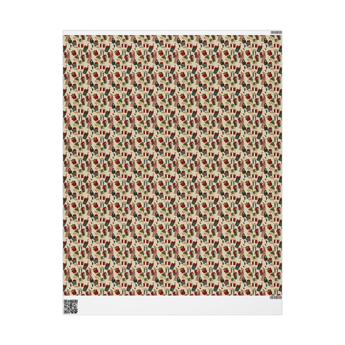 Retro Holiday Shopper Christmas Wrapping Paper, Vintage Fashion Gift Wrap Roll, Red Green Gold Bells Holiday Paper