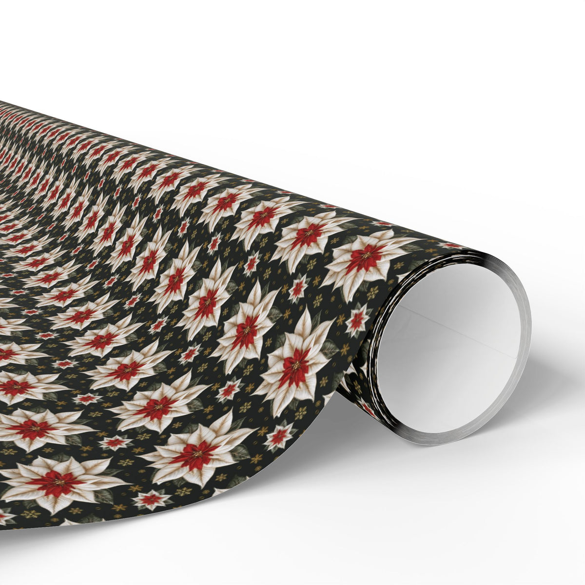 Black Poinsettia Christmas Wrapping Paper, Cream Red Folk Star Gift Wrap Roll, Dark Nordic Scandinavian Holiday Wrap, Matte Paper, Free Shipping
