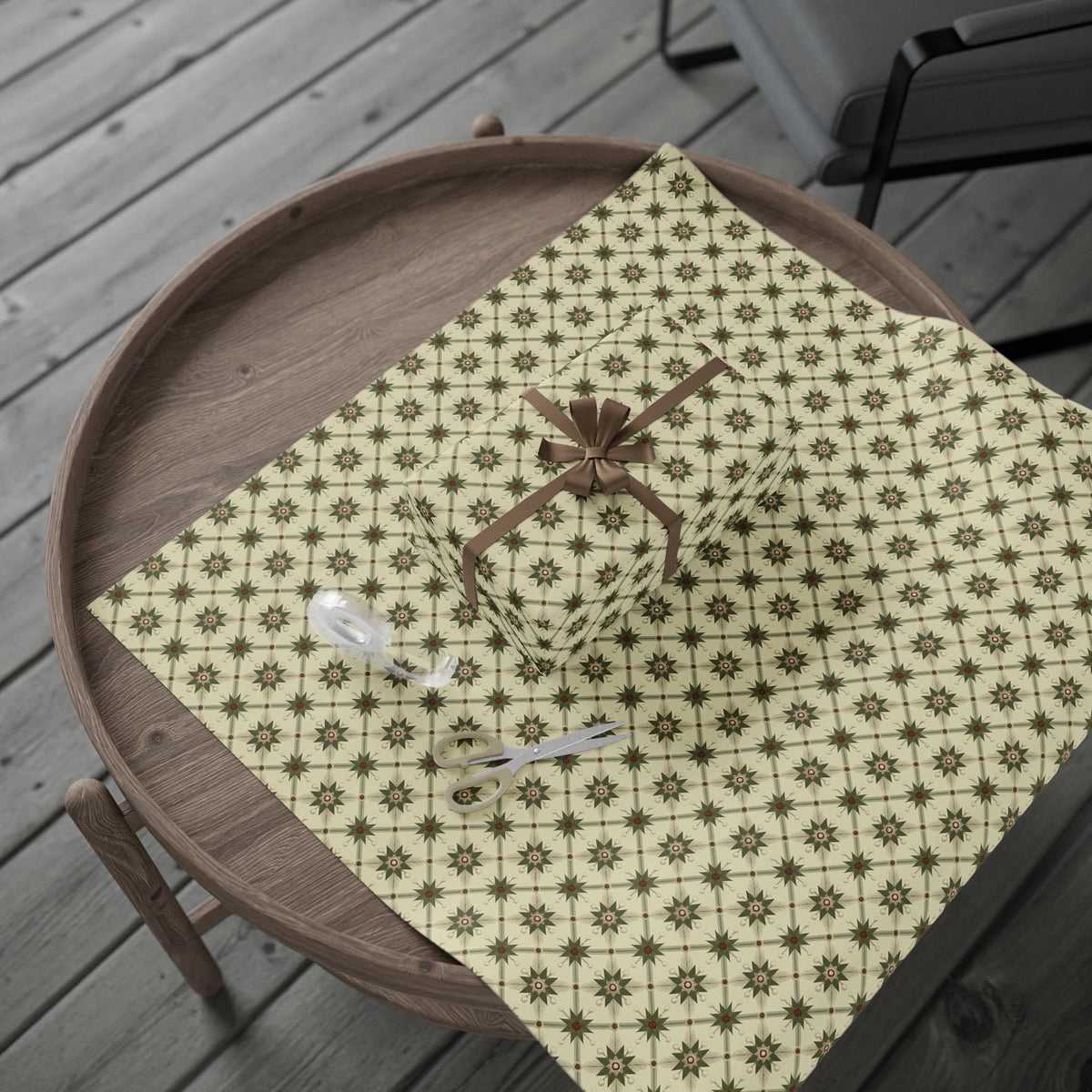 Folk Star Christmas Wrapping Paper, Sage Green Cream Quilt Block Gift Wrap Roll, Vintage Primitive Nordic Holiday Wrap, Matte Paper, Free Shipping