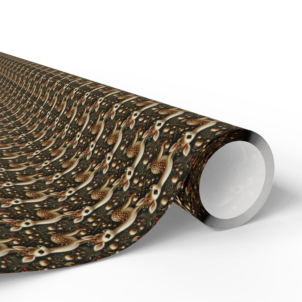 Vintage Gold Fawn Christmas Wrapping Paper, Woodland Deer Gift Wrap Roll, Dark Retro Holiday Paper, Matte Finish