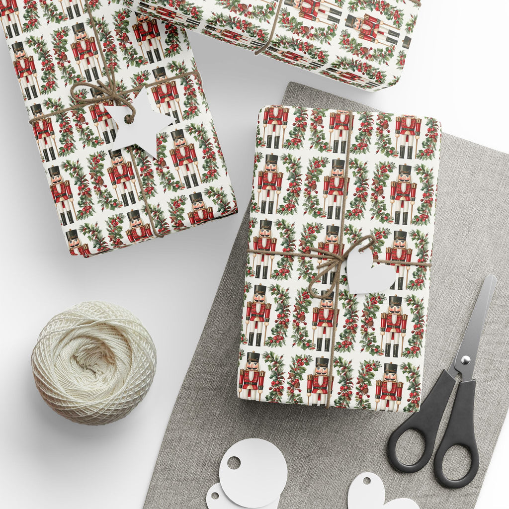 Red Nutcracker Christmas Wrapping Paper, Holly Berry Toy Soldier Gift Wrap Roll, Classic Watercolor Traditional Holiday Wrap, Matte Paper, Free Shipping