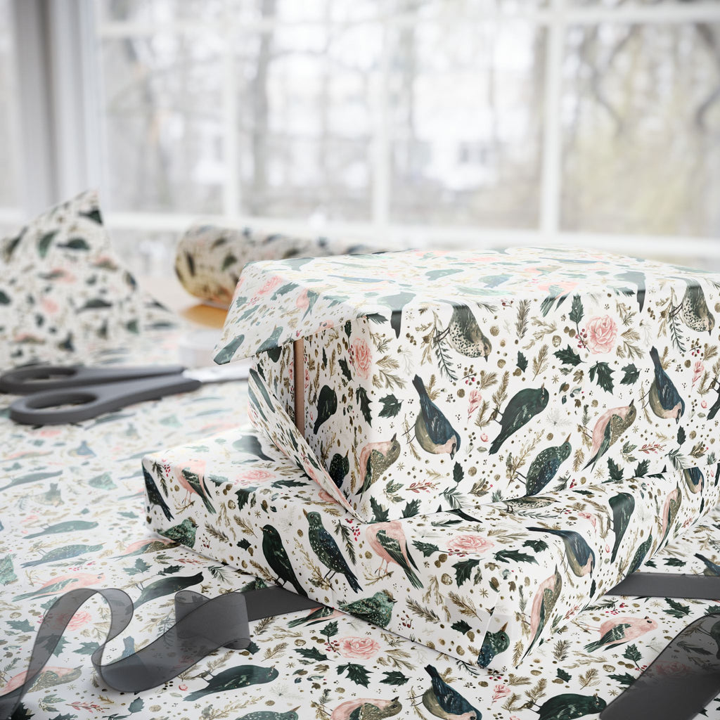 Watercolor Winter Bird Wrapping Paper, Pink Green Gold Botanical Gift Wrap Roll, Elegant Holiday Paper, Matte
