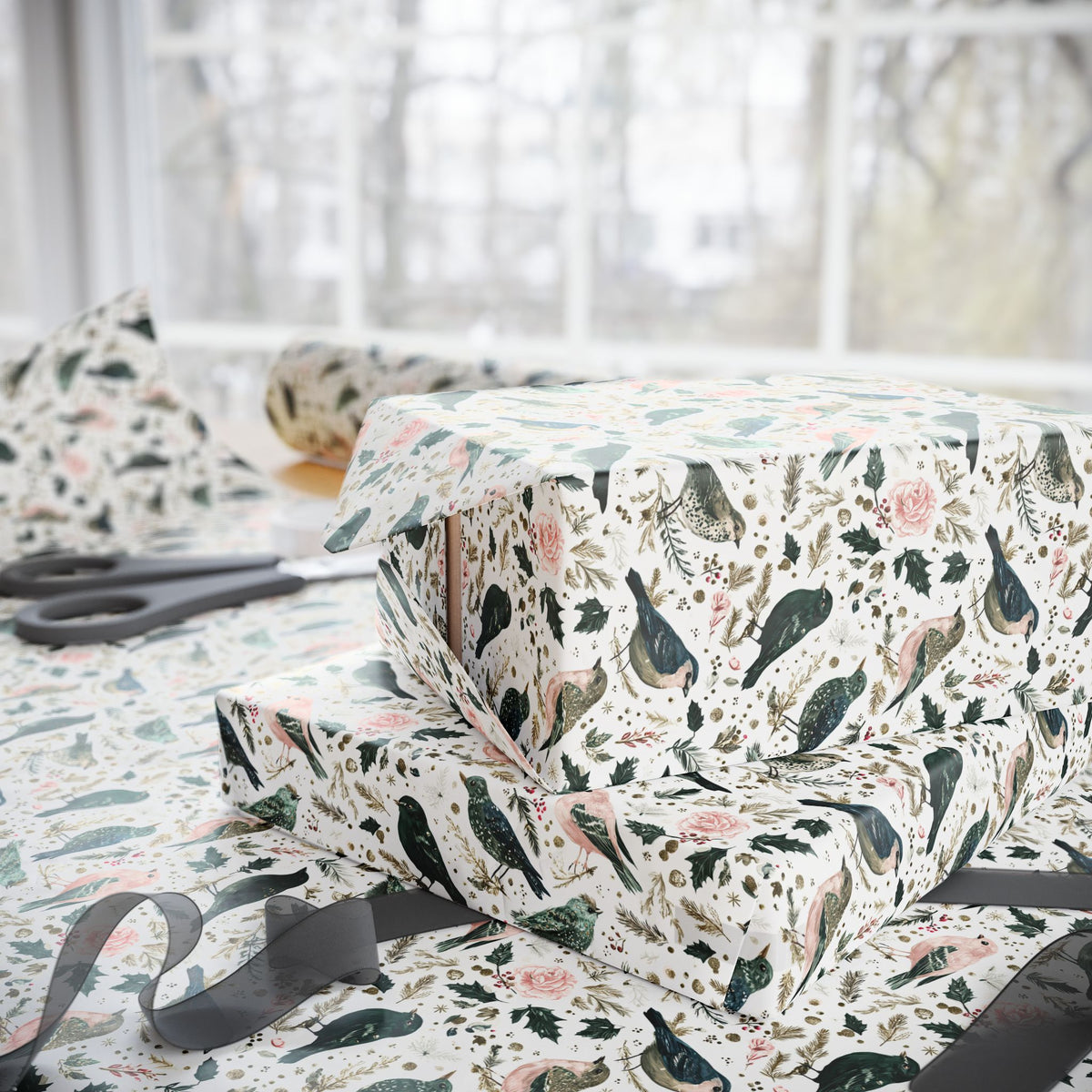 Watercolor Winter Bird Wrapping Paper, Pink Green Gold Botanical Gift Wrap Roll, Elegant Holiday Paper, Matte