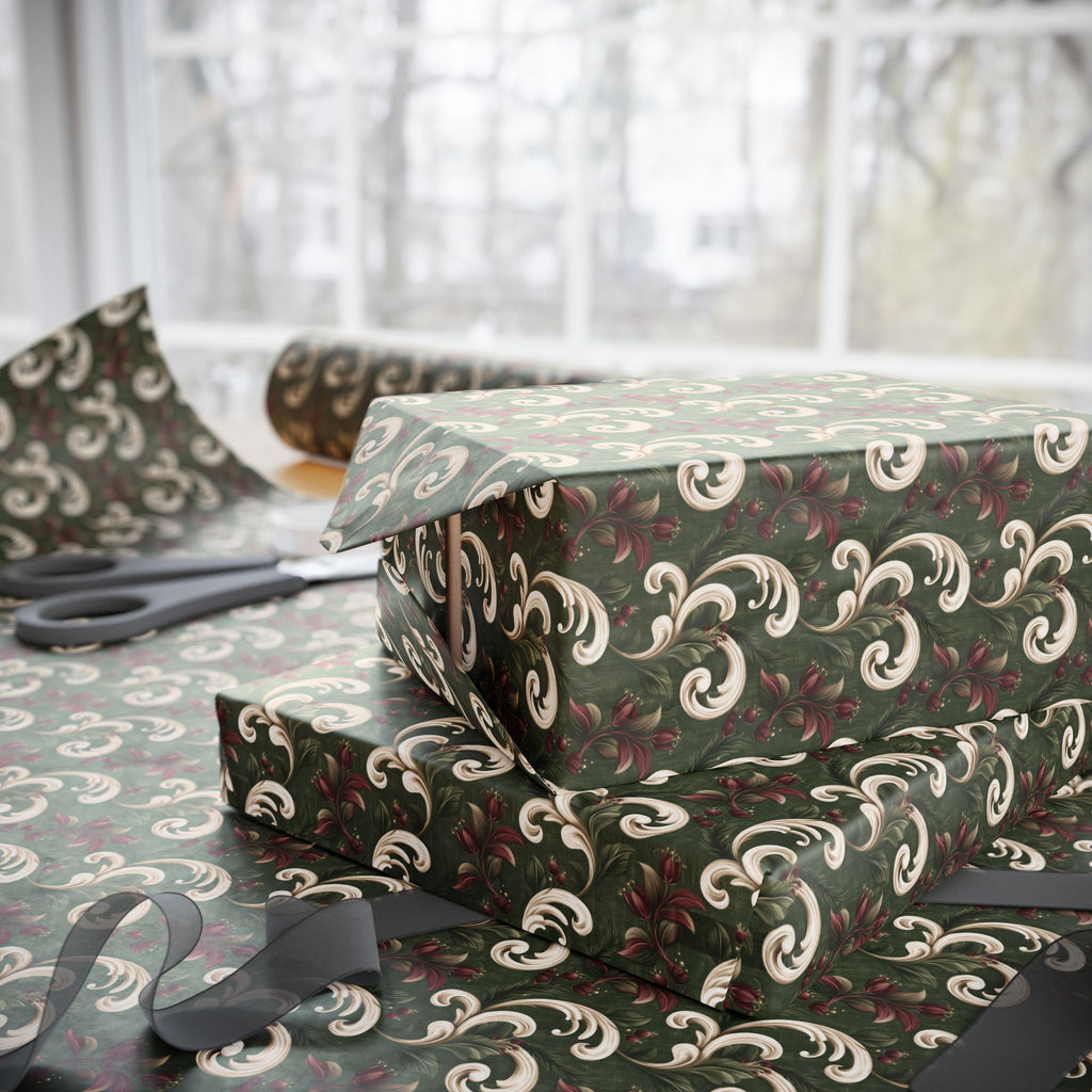 Green and Cream Damask Wrapping Paper Roll, Vintage Scroll and Berry Christmas Gift Wrap, Burgundy Floral Baroque Holiday Paper, Elegant Christmas Wrap