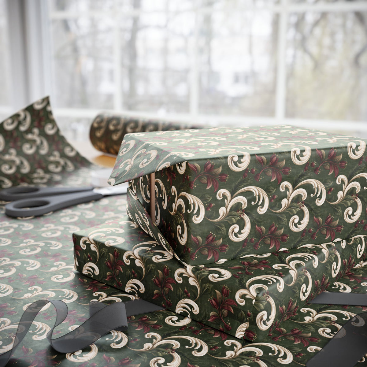 Green and Cream Damask Wrapping Paper Roll, Vintage Scroll and Berry Christmas Gift Wrap, Burgundy Floral Baroque Holiday Paper, Elegant Christmas Wrap