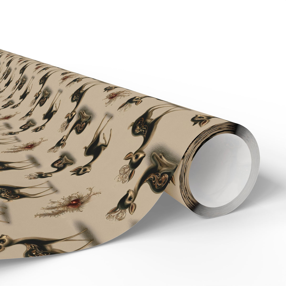 Retro Kitsch Fawn Christmas Wrapping Paper, Vintage Deer Gift Wrap Roll, Cream and Charcoal Holiday Paper, Matte