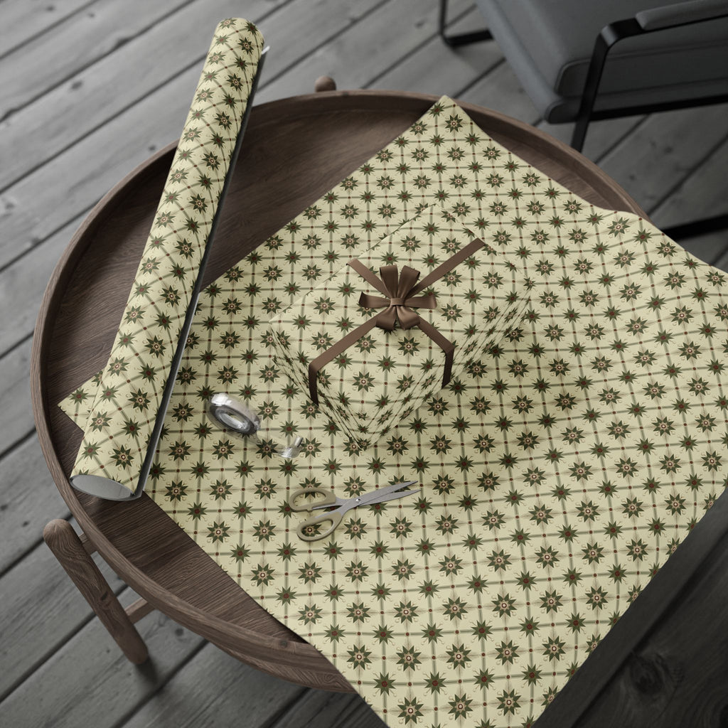 Folk Star Christmas Wrapping Paper, Sage Green Cream Quilt Block Gift Wrap Roll, Vintage Primitive Nordic Holiday Wrap, Matte Paper, Free Shipping