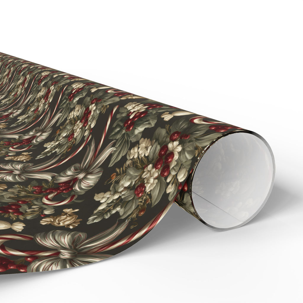 Dark Moody Christmas Wrapping Paper, Olive Green Vintage Gift Wrap Roll, Candy Cane Ribbon Bow Holiday Wrap, Matte Paper, Free Shipping