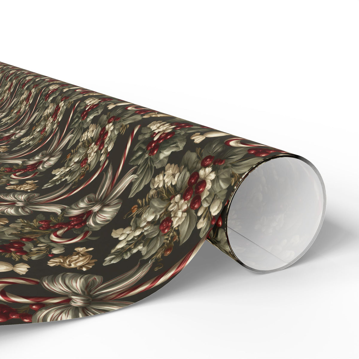 Dark Moody Christmas Wrapping Paper, Olive Green Vintage Gift Wrap Roll, Candy Cane Ribbon Bow Holiday Wrap, Matte Paper, Free Shipping