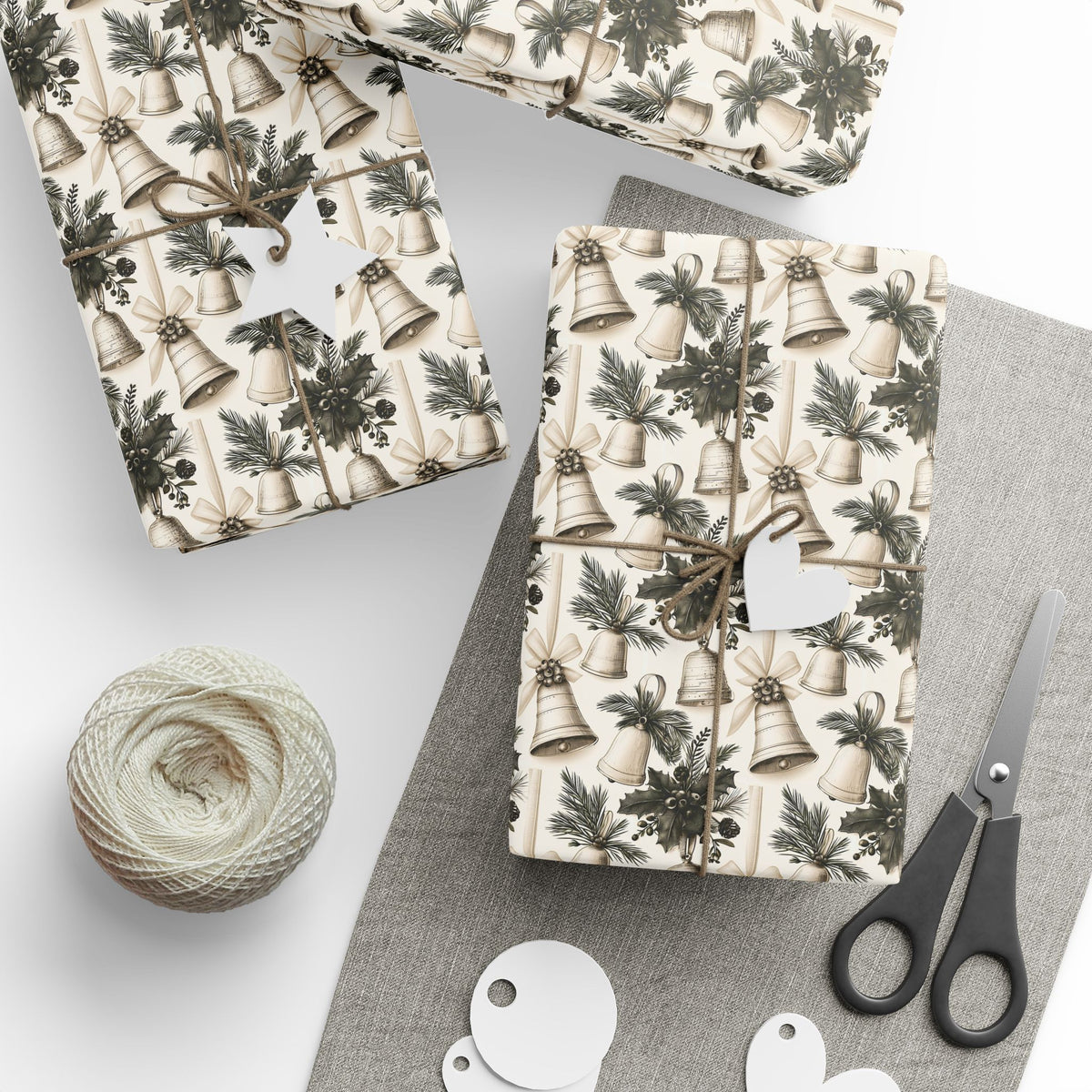 Vintage Christmas Bells Wrapping Paper, Cream Sage Green Botanical Gift Wrap Roll, Antique Holly Pine Holiday Wrap, Matte Paper, Free Shipping