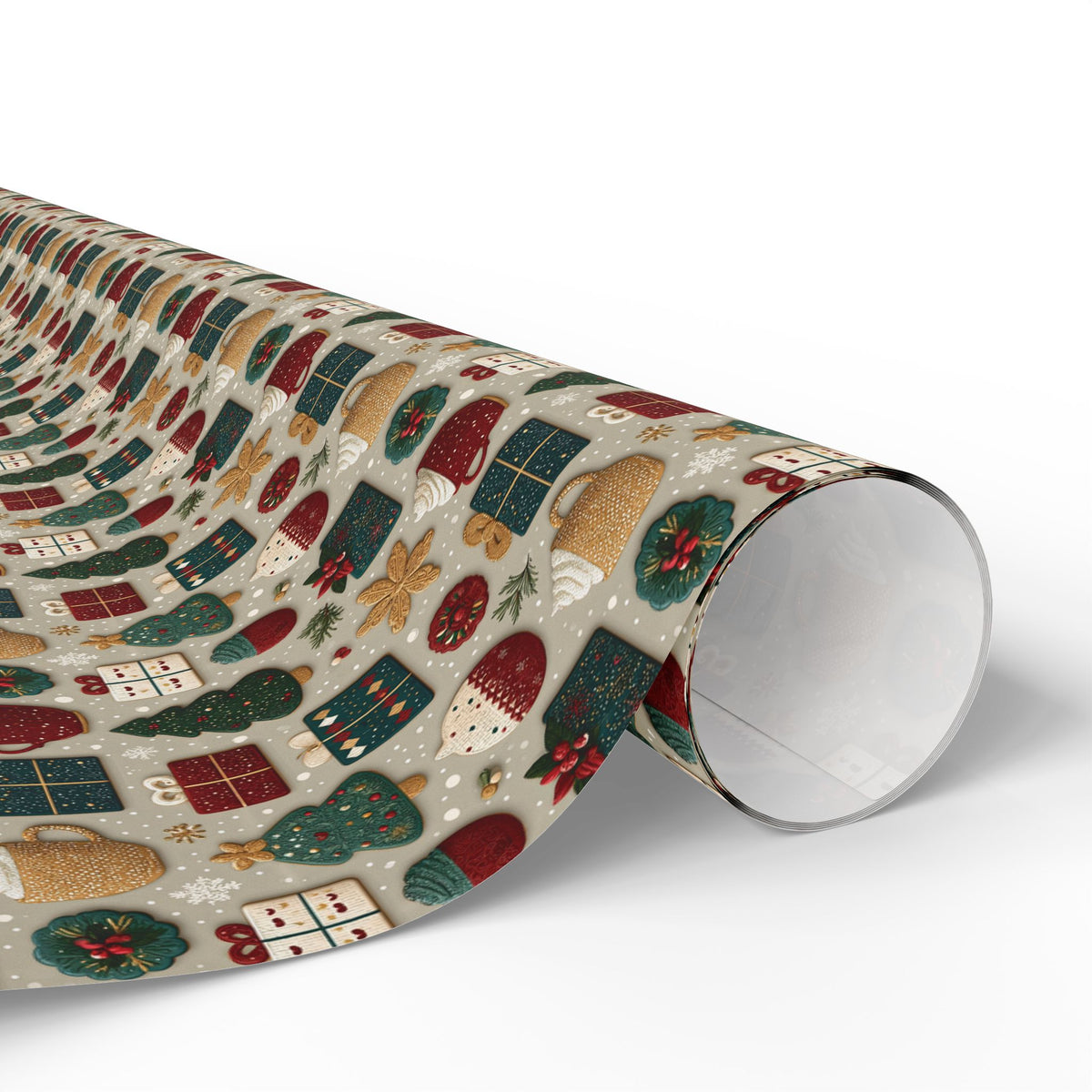 Embroidered Look Christmas Wrapping Paper, Folk Art Cookie Cocoa Gift Wrap Roll, Vintage Red Green Tan Holiday Wrap, Matte Paper, Free Shipping