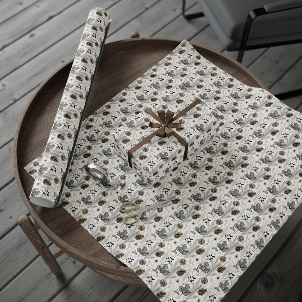 Woodland Botanical Wrapping Paper, Acorn Pinecone Gift Wrap Roll, Neutral Cream Gray Winter Forest Wrap, Matte Paper, Free Shipping