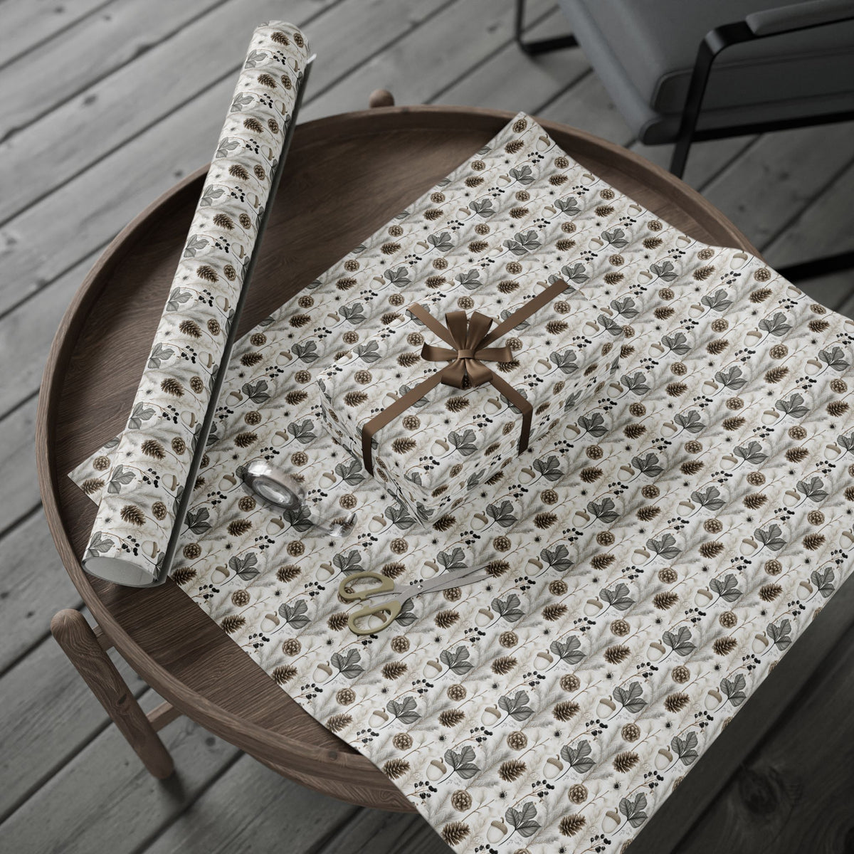 Woodland Botanical Wrapping Paper, Acorn Pinecone Gift Wrap Roll, Neutral Cream Gray Winter Forest Wrap, Matte Paper, Free Shipping