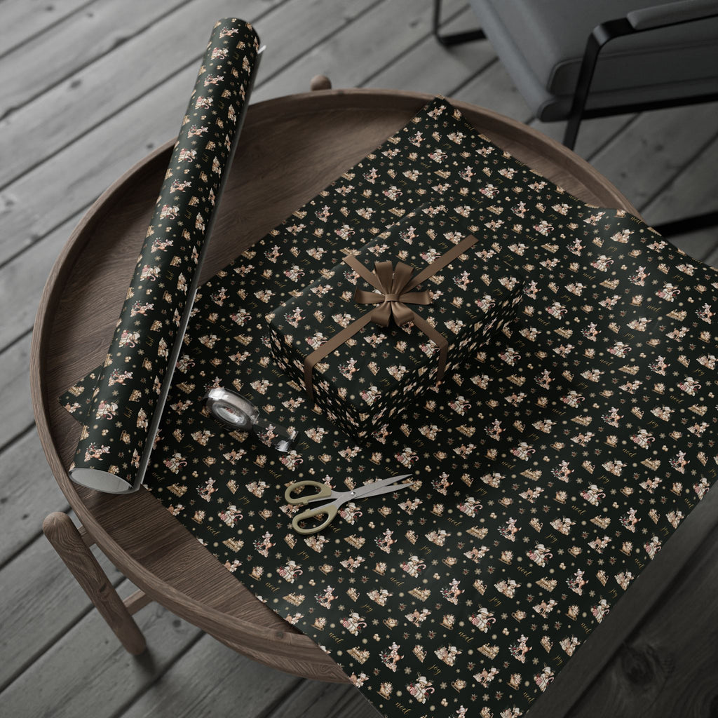 Vintage Deer Christmas Wrapping Paper, Evergreen and Gold Retro Gift Wrap Roll, Noel Fawn Sleigh Holiday Paper