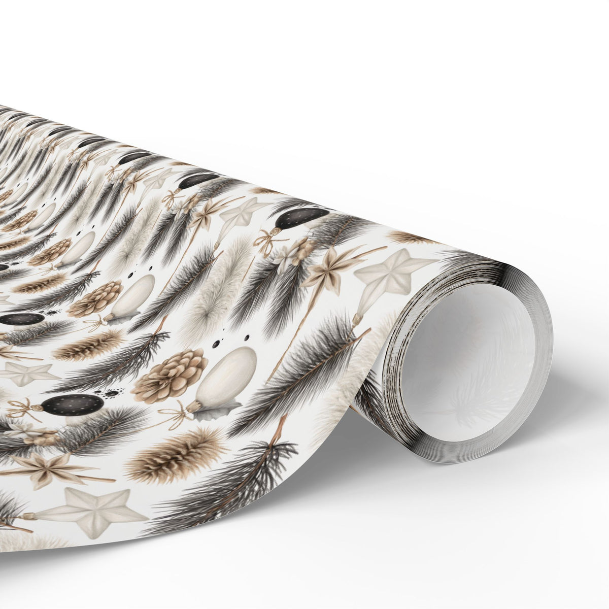 Neutral Christmas Wrapping Paper, Pinecone Pine Branch Gift Wrap Roll, Beige Black White Woodland Winter Holiday Wrap, Matte Paper, Free Shipping