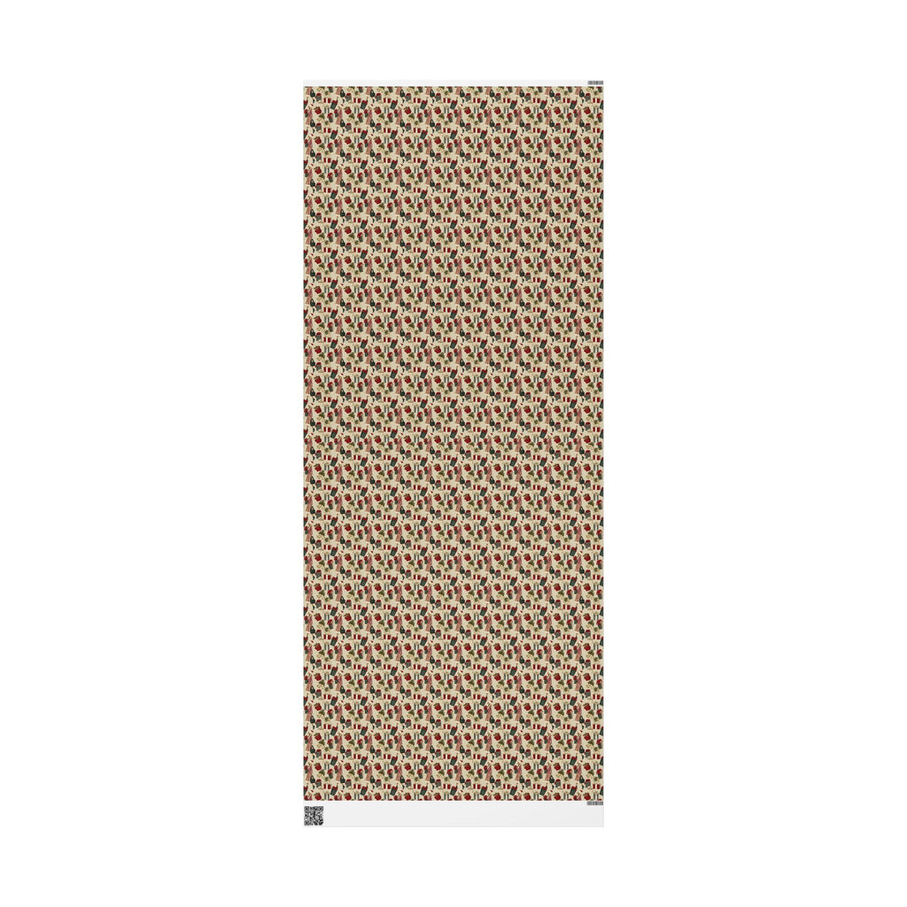 Retro Holiday Shopper Christmas Wrapping Paper, Vintage Fashion Gift Wrap Roll, Red Green Gold Bells Holiday Paper