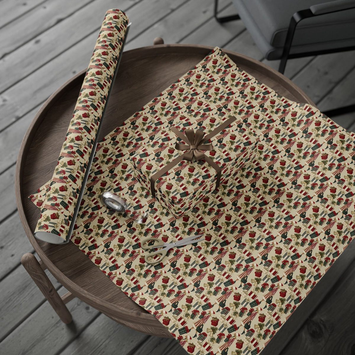Retro Holiday Shopper Christmas Wrapping Paper, Vintage Fashion Gift Wrap Roll, Red Green Gold Bells Holiday Paper