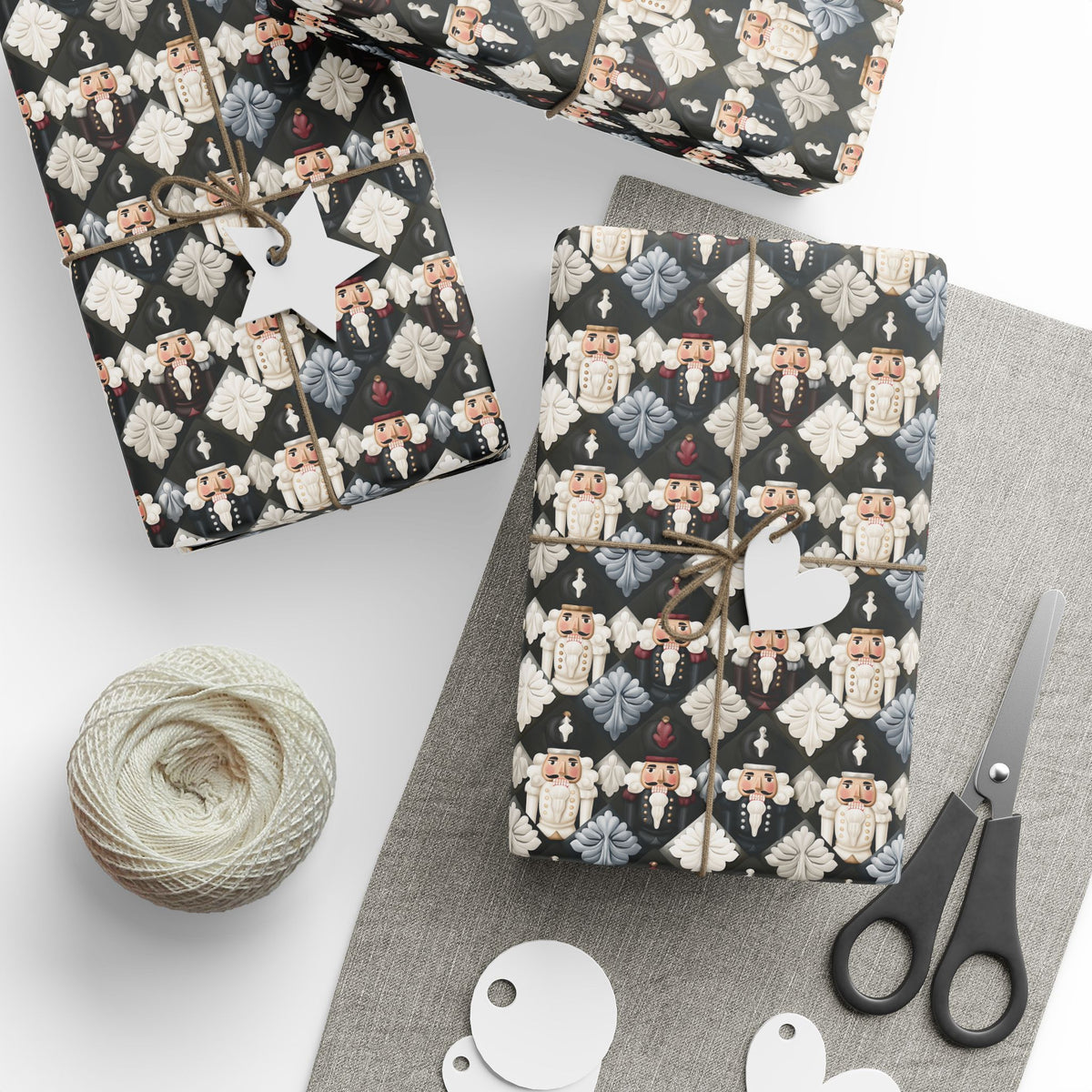 Dark Nutcracker Christmas Wrapping Paper, Black Cream Harlequin Diamond Gift Wrap Roll, Moody Toy Soldier Holiday Wrap, Matte Paper, Free Shipping