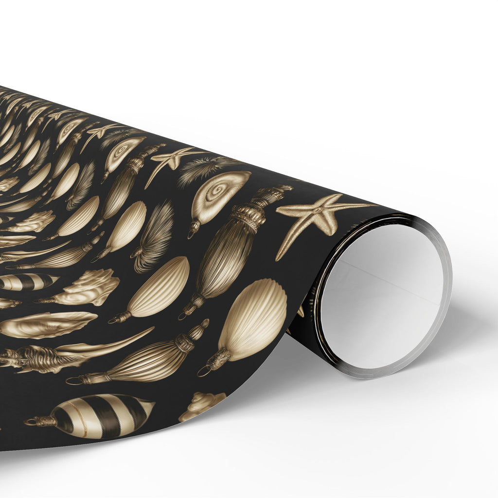 Black and Gold Coastal Christmas Wrapping Paper Roll, Seashell Ornament Gift Wrap, Conch Starfish and Bauble Holiday Paper, Elegant Beach Christmas Wrap
