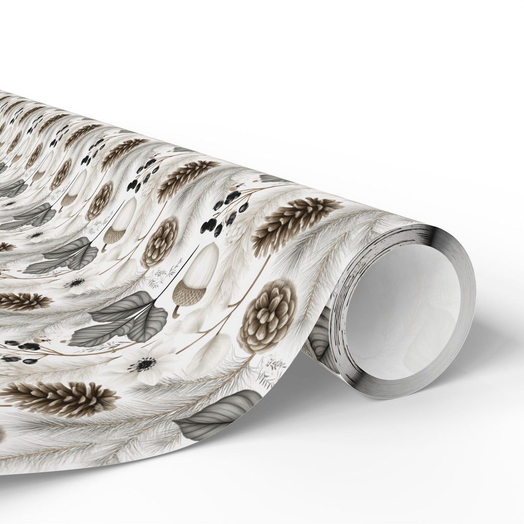 Woodland Botanical Wrapping Paper, Acorn Pinecone Gift Wrap Roll, Neutral Cream Gray Winter Forest Wrap, Matte Paper, Free Shipping