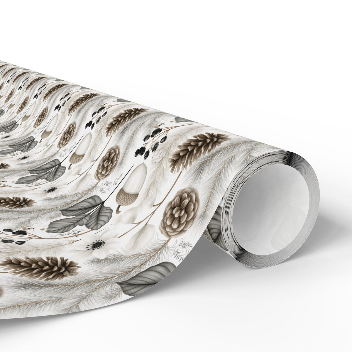 Woodland Botanical Wrapping Paper, Acorn Pinecone Gift Wrap Roll, Neutral Cream Gray Winter Forest Wrap, Matte Paper, Free Shipping