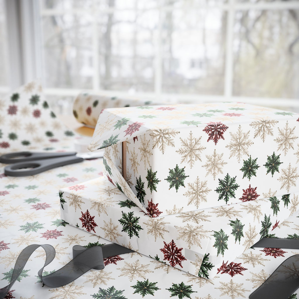 Watercolor Snowflake Christmas Wrapping Paper, Red Green Gold Gift Wrap Roll, Classic White Holiday Paper, Matte