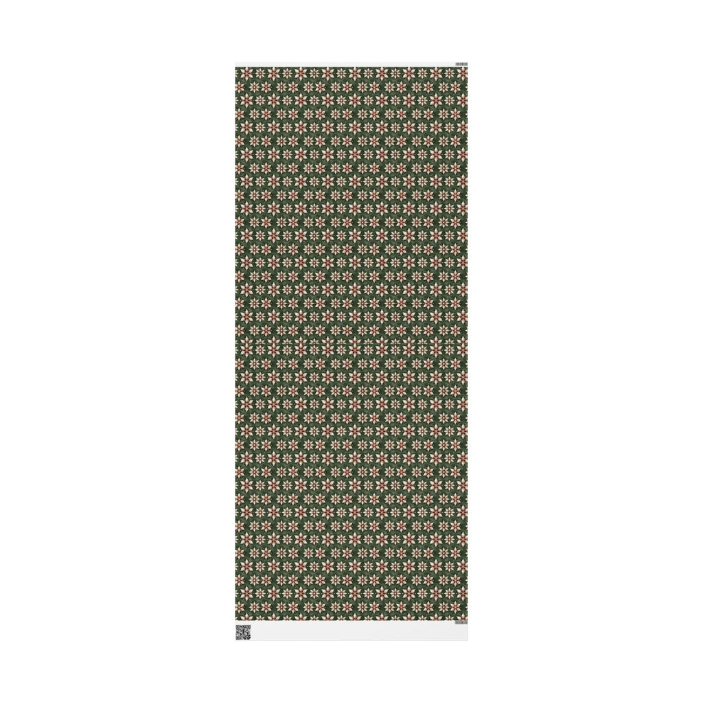 Jeweled Snowflake Christmas Wrapping Paper, Forest Green Gift Wrap Roll, Ruby Pearl Vintage Brooch Holiday Paper
