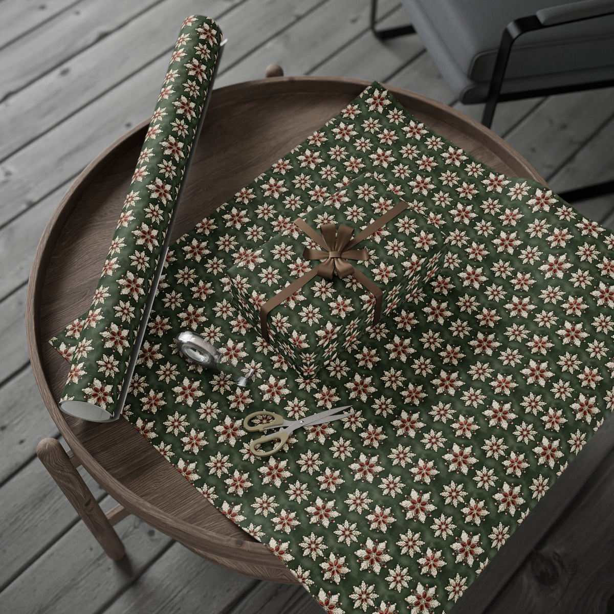 Jeweled Snowflake Christmas Wrapping Paper, Forest Green Gift Wrap Roll, Ruby Pearl Vintage Brooch Holiday Paper