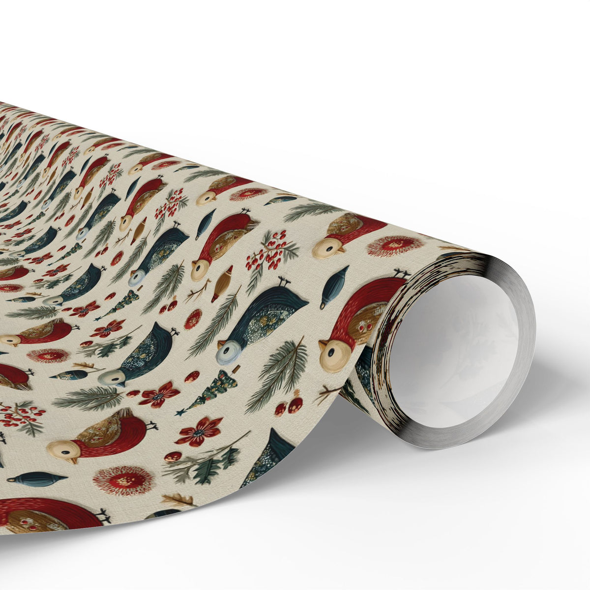 Folk Art Christmas Bird Wrapping Paper, Scandinavian Robin Gift Wrap Roll, Red Blue Cream Holiday Paper, Matte