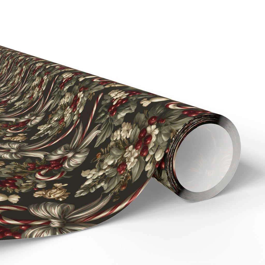 Dark Moody Christmas Wrapping Paper, Olive Green Vintage Gift Wrap Roll, Candy Cane Ribbon Bow Holiday Wrap, Matte Paper, Free Shipping
