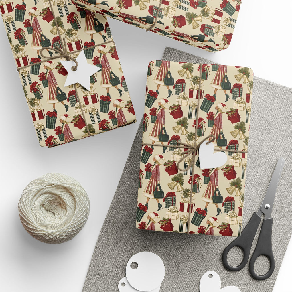 Retro Holiday Shopper Christmas Wrapping Paper, Vintage Fashion Gift Wrap Roll, Red Green Gold Bells Holiday Paper