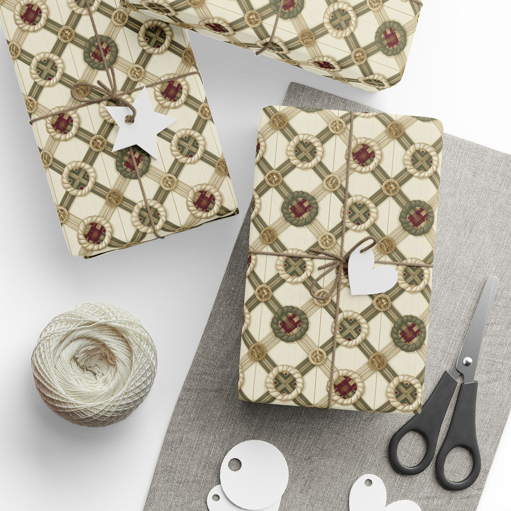 Rope Lattice Christmas Wrapping Paper, Vintage Cream Green Trellis Gift Wrap Roll, Wreath Medallion Tartan Holiday Wrap, Matte Paper, Free Shipping