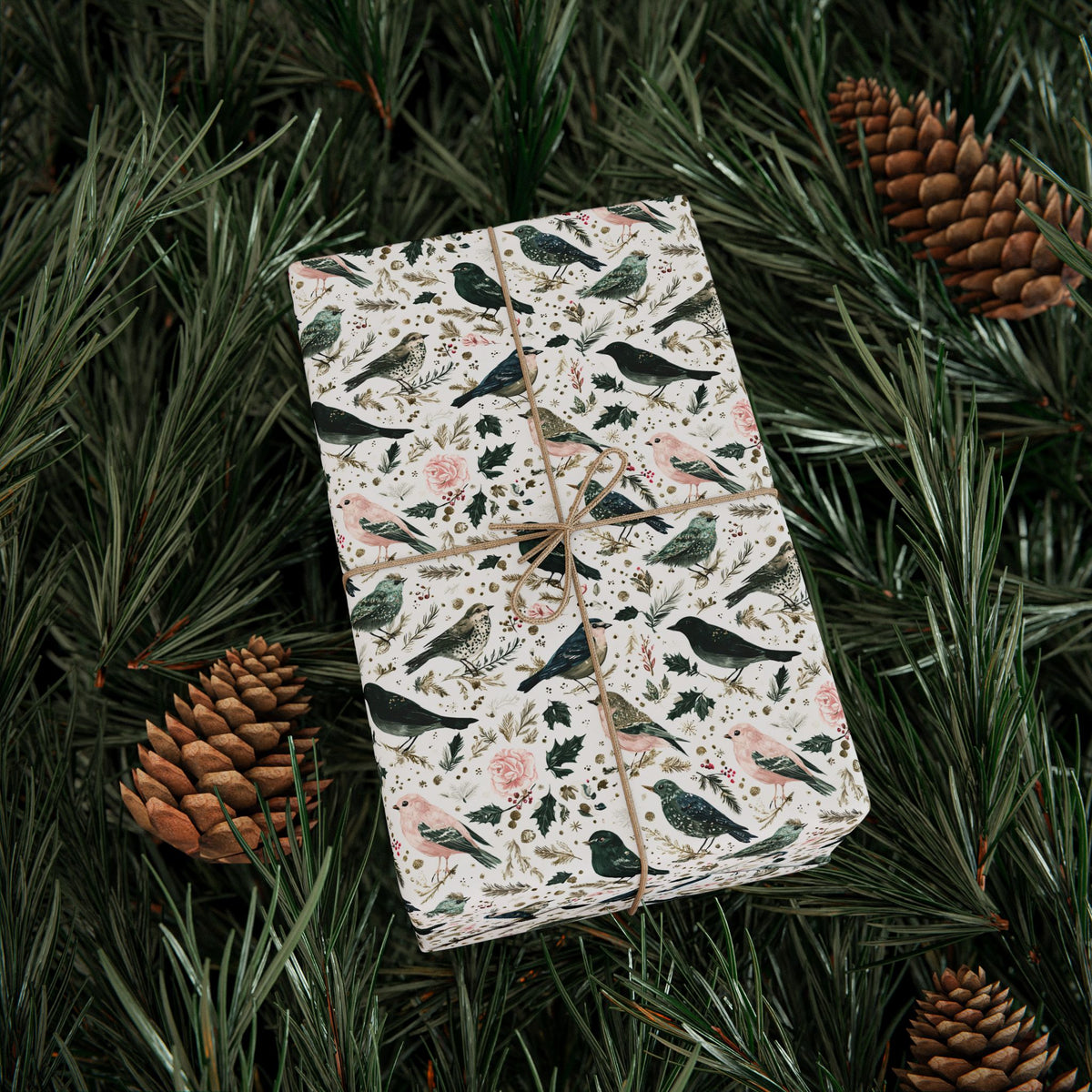 Watercolor Winter Bird Wrapping Paper, Pink Green Gold Botanical Gift Wrap Roll, Elegant Holiday Paper, Matte