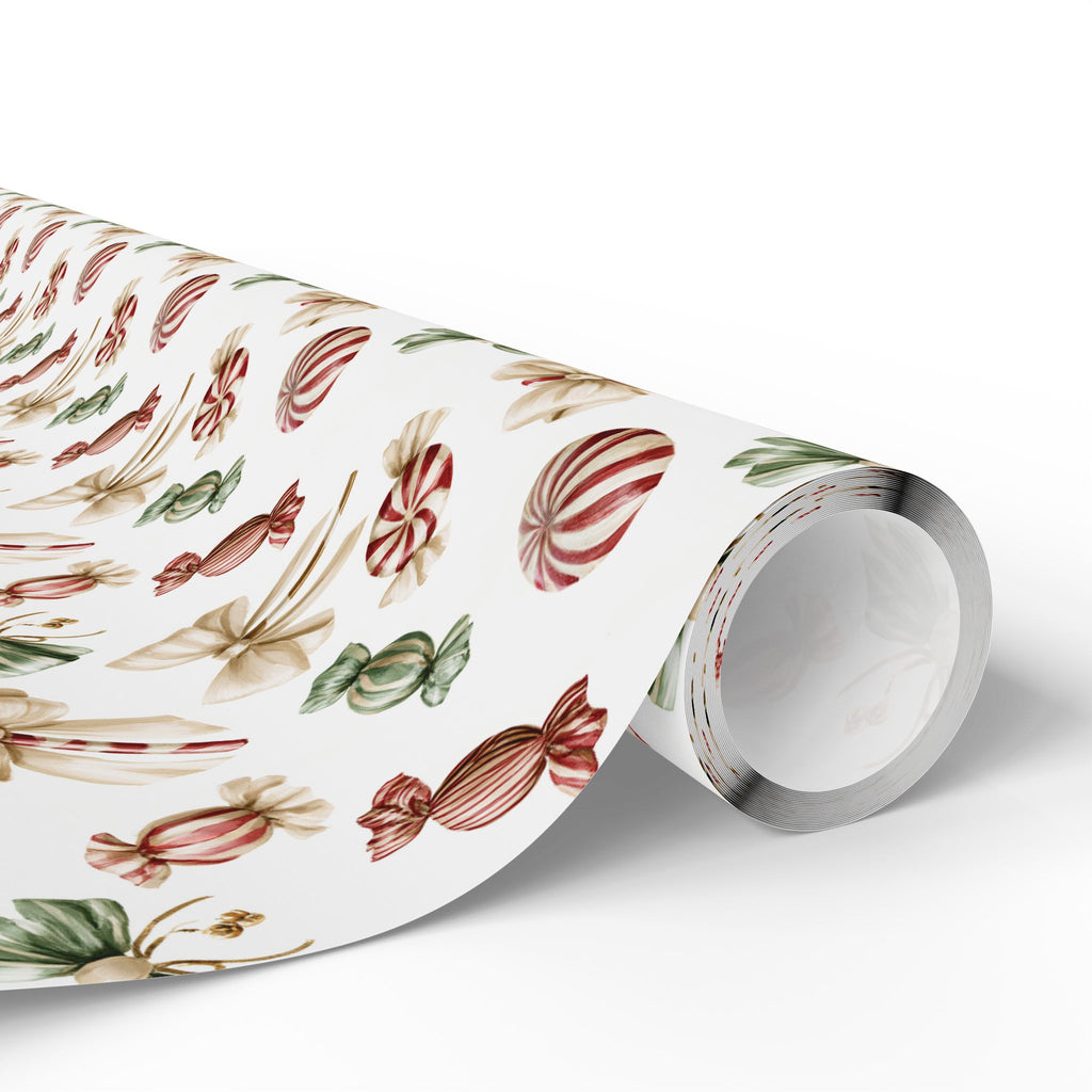 Watercolor Christmas Candy Wrapping Paper, White Coquette Bow Gift Wrap Roll, Peppermint Sweets Holiday Wrap, Matte Paper, Free Shipping