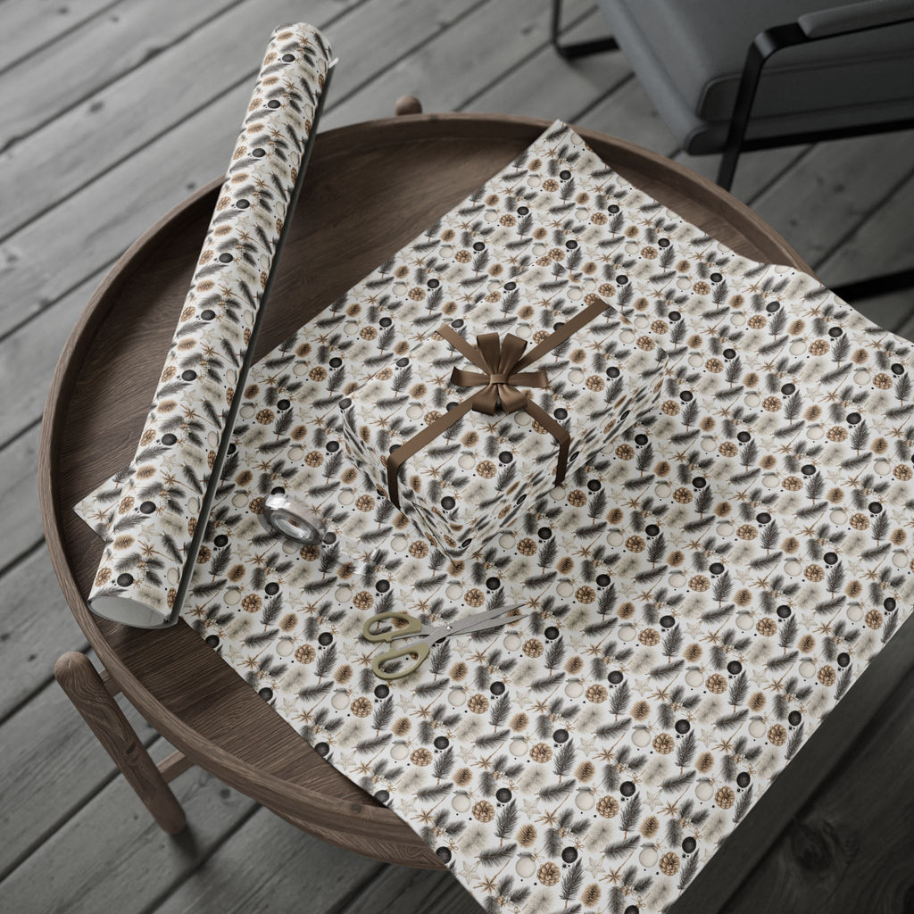 Neutral Christmas Wrapping Paper, Pinecone Pine Branch Gift Wrap Roll, Beige Black White Woodland Winter Holiday Wrap, Matte Paper, Free Shipping
