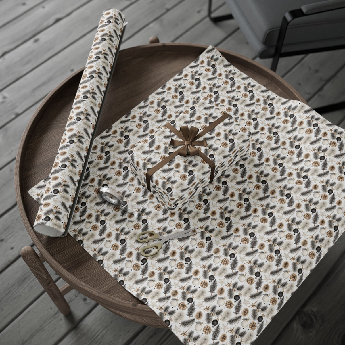 Neutral Christmas Wrapping Paper, Pinecone Pine Branch Gift Wrap Roll, Beige Black White Woodland Winter Holiday Wrap, Matte Paper, Free Shipping