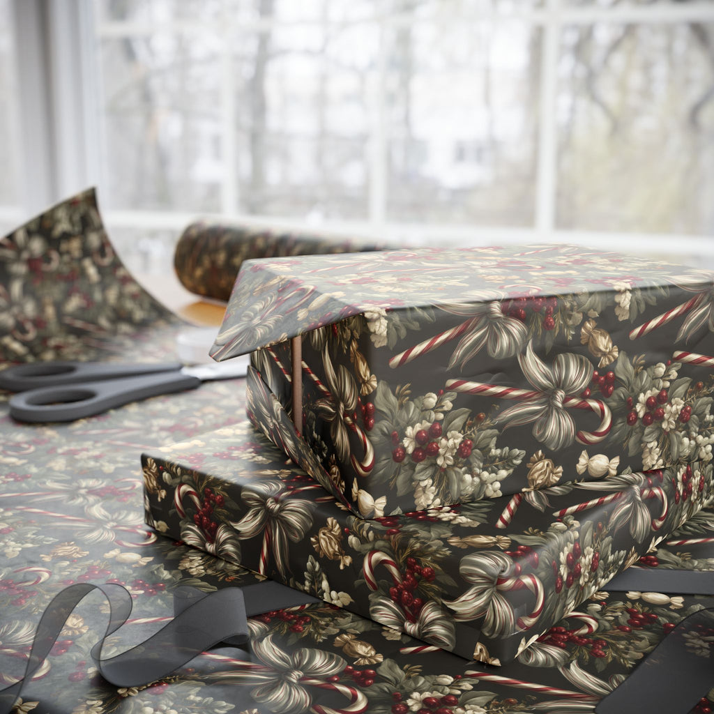 Dark Moody Christmas Wrapping Paper, Olive Green Vintage Gift Wrap Roll, Candy Cane Ribbon Bow Holiday Wrap, Matte Paper, Free Shipping