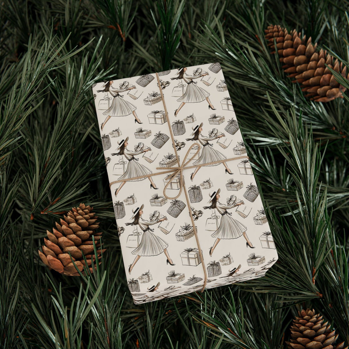 Fashion Illustration Christmas Wrapping Paper, Chic Sketch Gift Wrap Roll, Cream Black Ink Holiday Paper, Matte