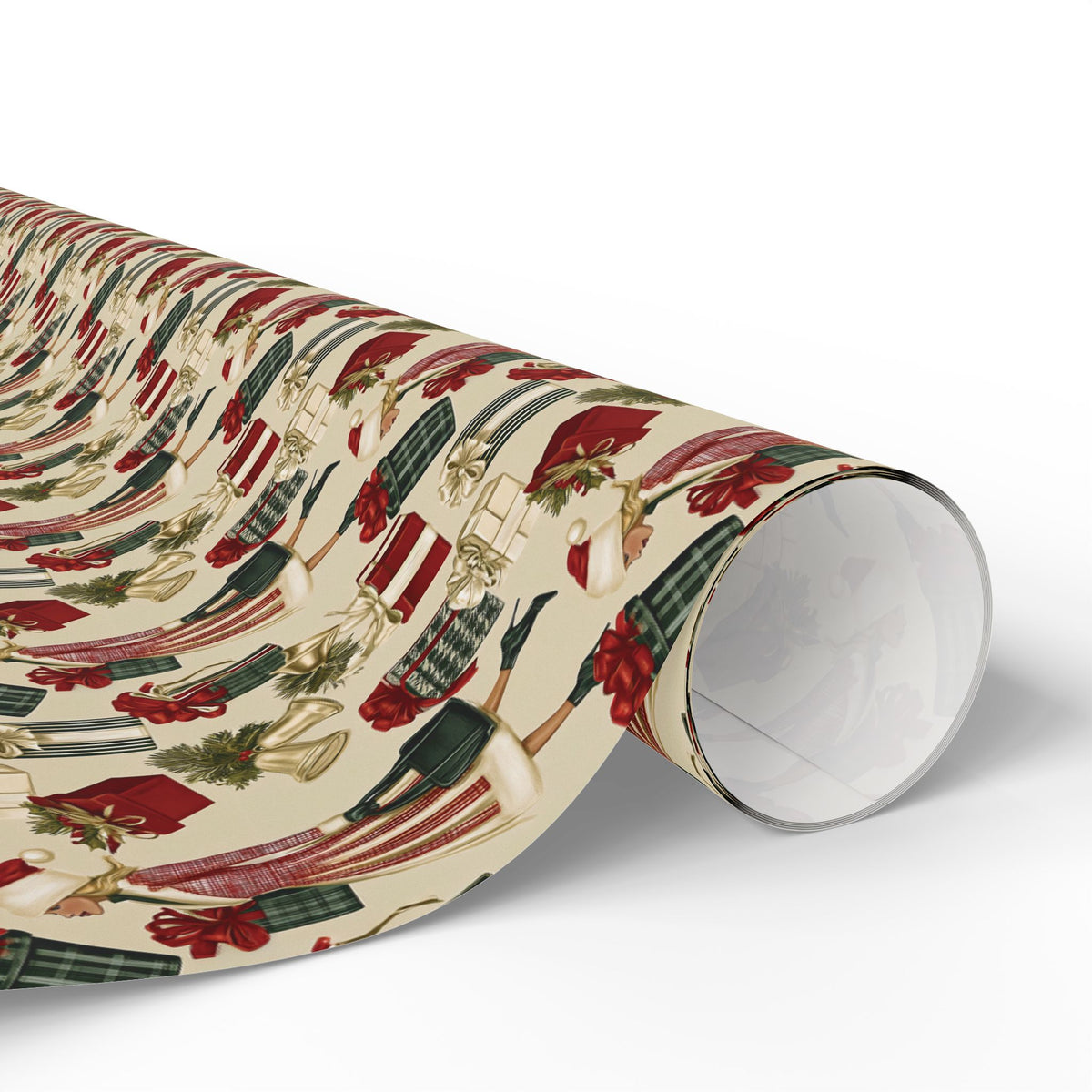 Retro Holiday Shopper Christmas Wrapping Paper, Vintage Fashion Gift Wrap Roll, Red Green Gold Bells Holiday Paper