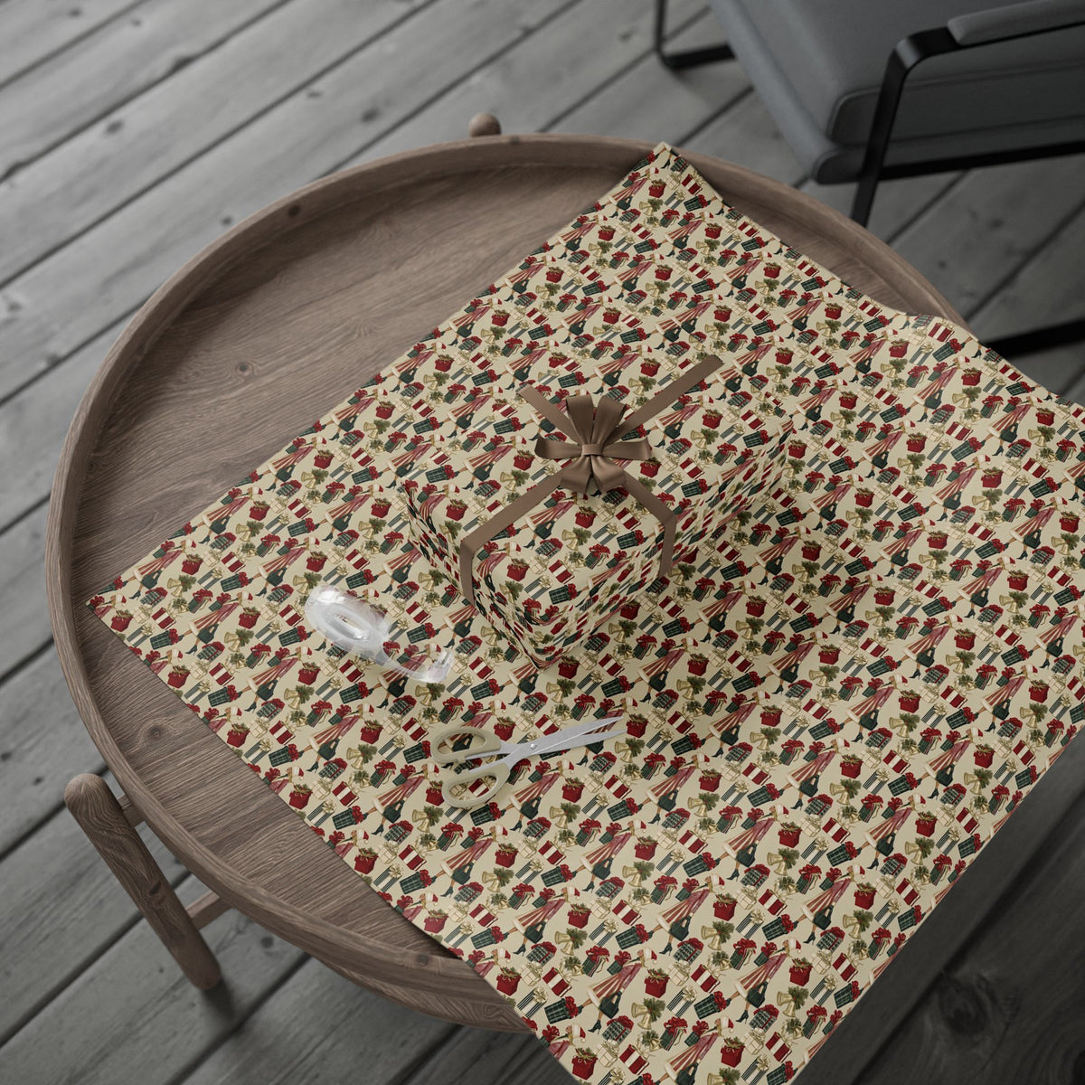 Retro Holiday Shopper Christmas Wrapping Paper, Vintage Fashion Gift Wrap Roll, Red Green Gold Bells Holiday Paper